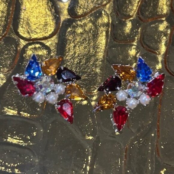 B.DAVID Multi-Color AB Rhinestone Pearl EARRINGS - Picture 4 of 8